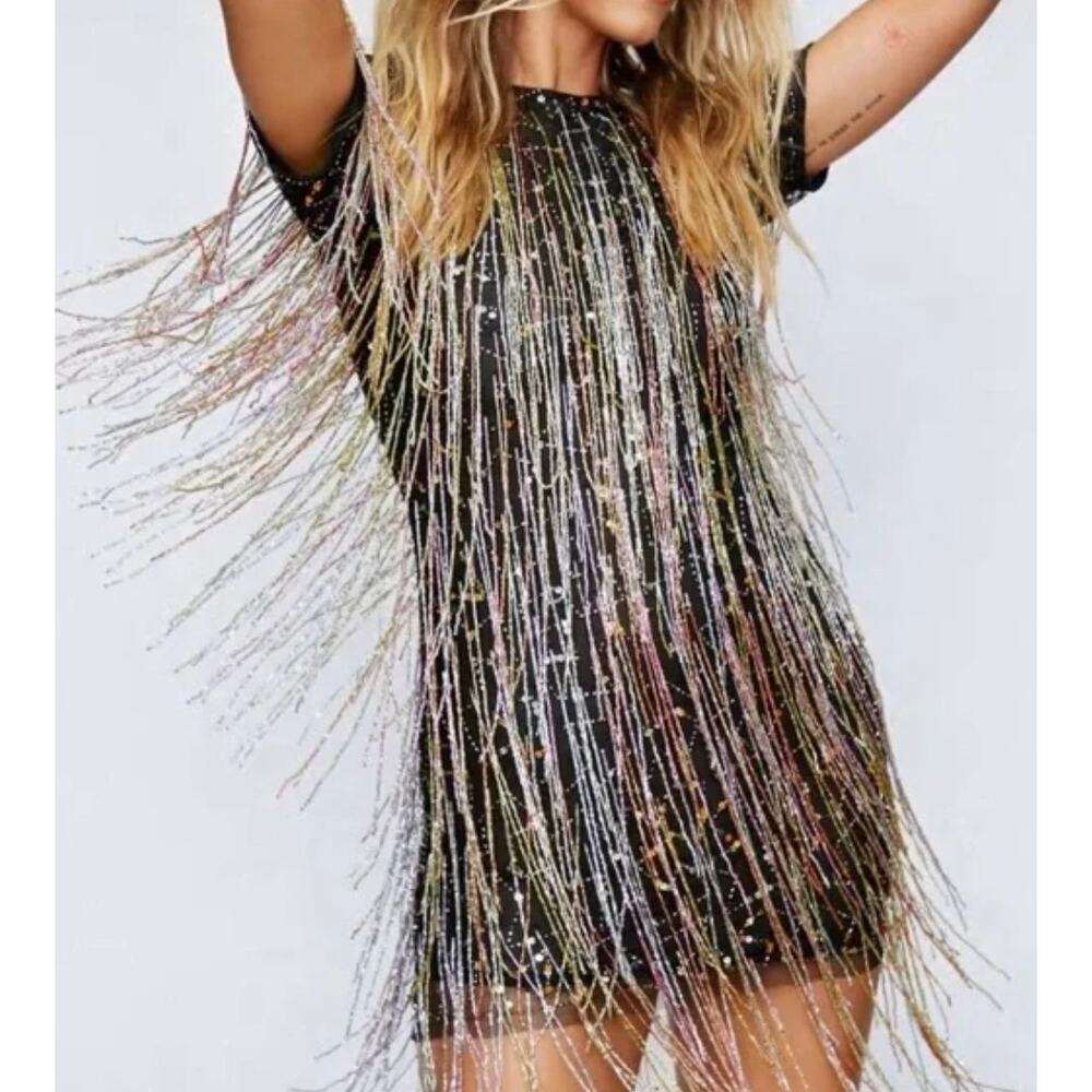 nasty gal tassel swing beaded fringe dress in black. size 4